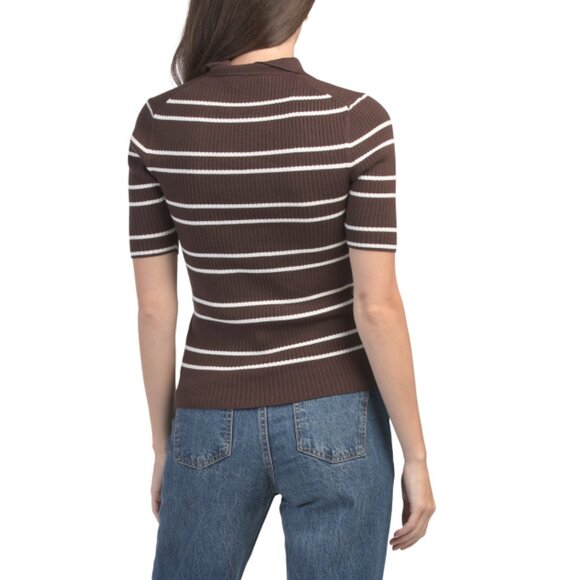 ELIE TAHARI DARK CHOCOLATE Elbow Sleeve Half Zip Striped Pull Over Top - Picture 2 of 2